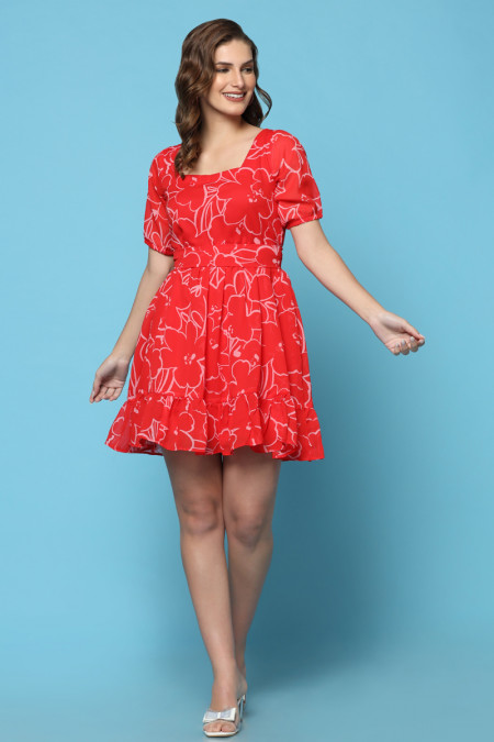 Red Cotton Printed Party Wear Short Dress