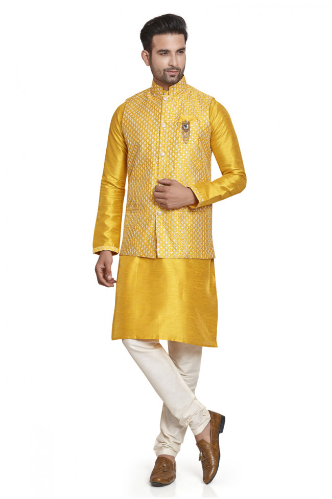 Yellow Silk Kurta Pajama With Yellow Jacket