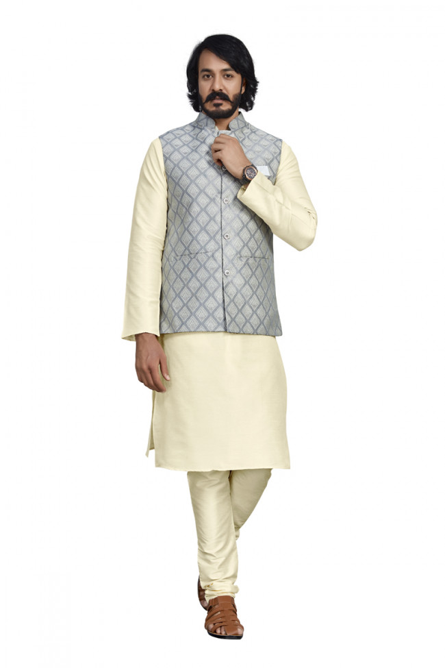 Cream Art Silk Kurta Pajama With Gray Jacket