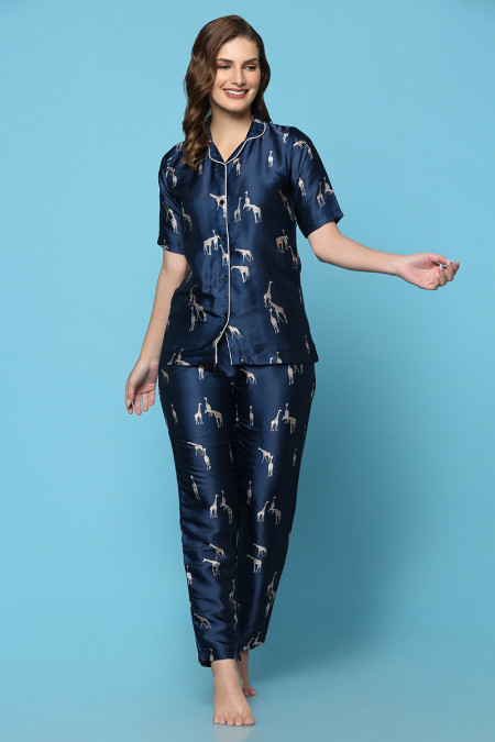 Satin Silk Blue Animal Printed Night Suit Set